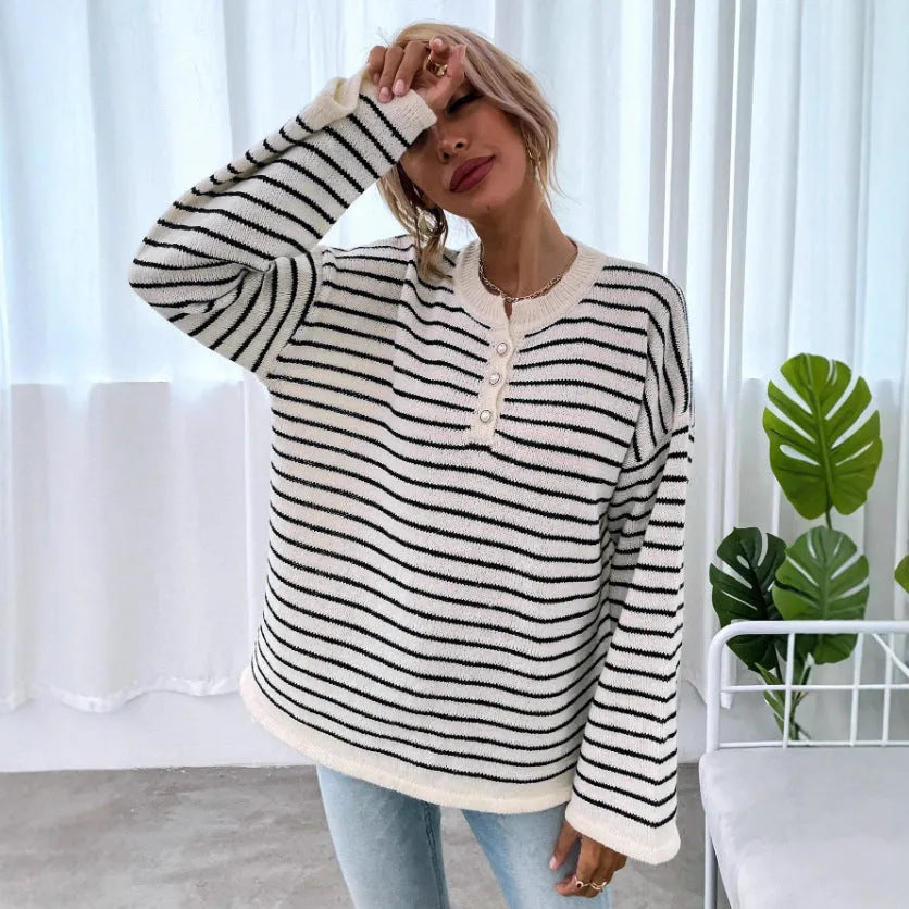 Black women's loose casual striped top with contrast colour stripes and drop-shoulder sleeves