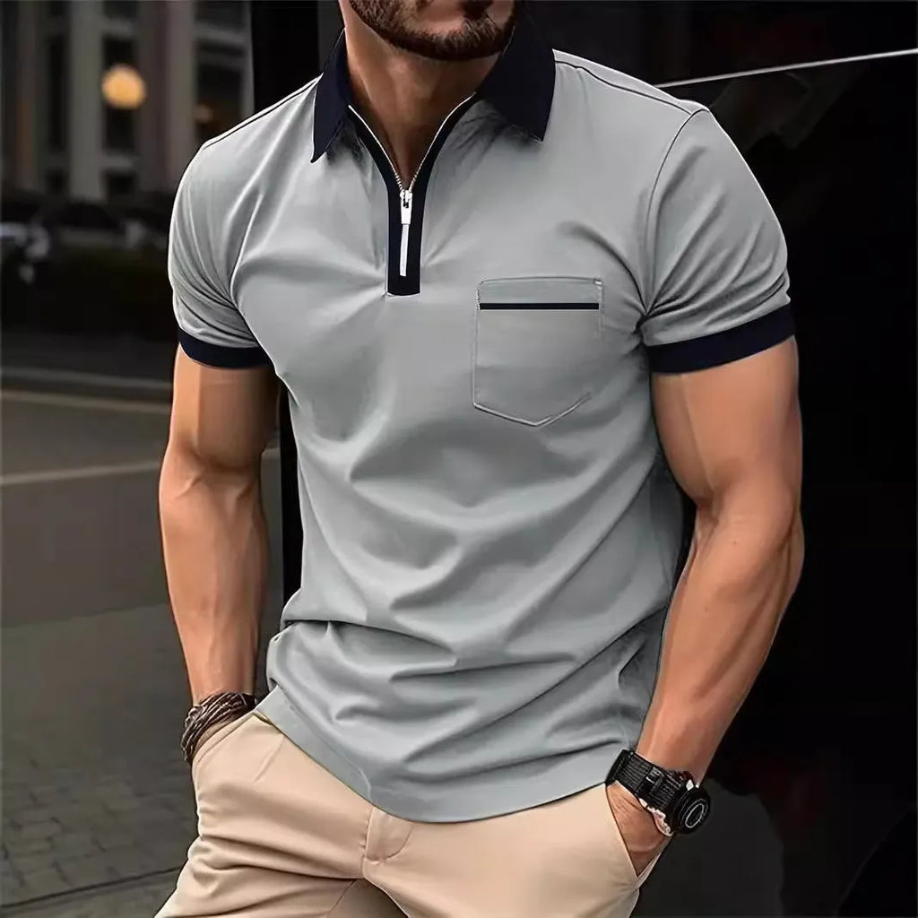 Men's loose fit short sleeve casual shirt with chest pocket and front zip detail in a two-tone colour.
