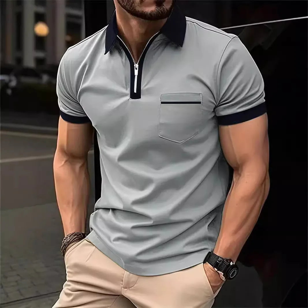 Men's loose fit short sleeve casual shirt with chest pocket and front zip detail in a two-tone colour.