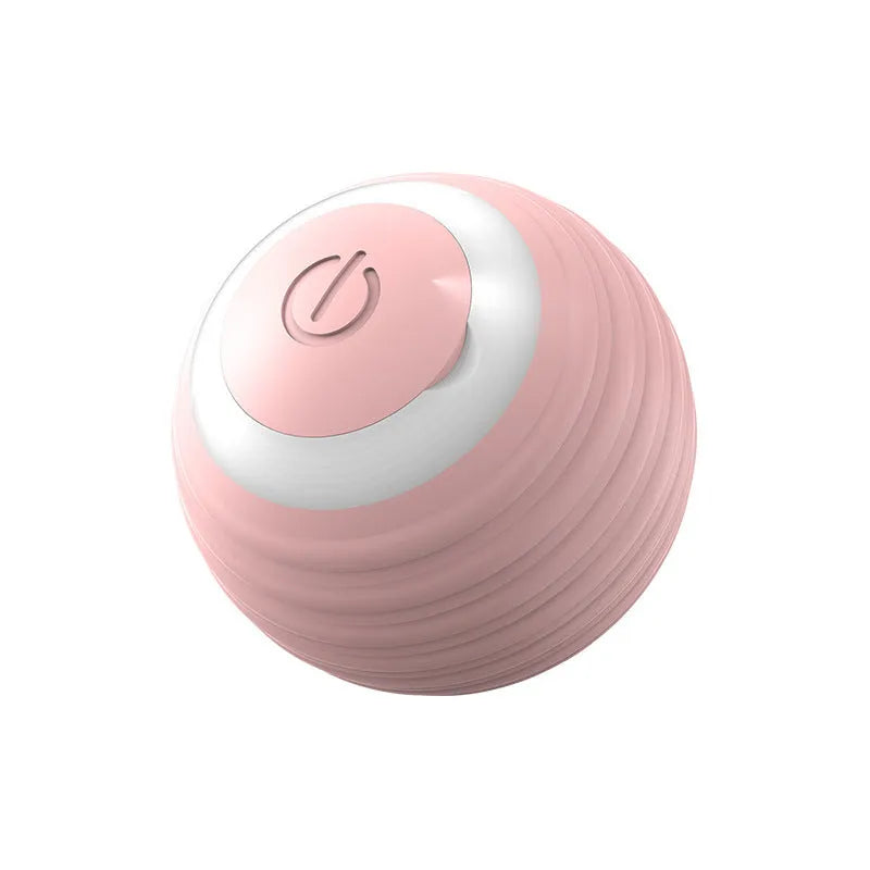 Blue automatic moving cat toy ball with USB charging cable on wooden floor