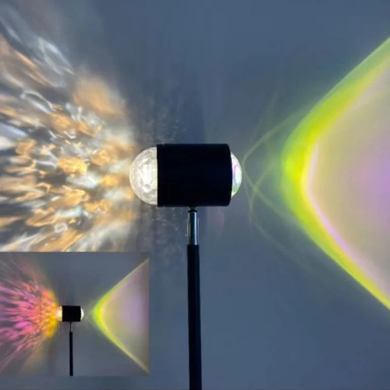 Modern sunset red floor lamp projecting a water ripple pattern on a wall.