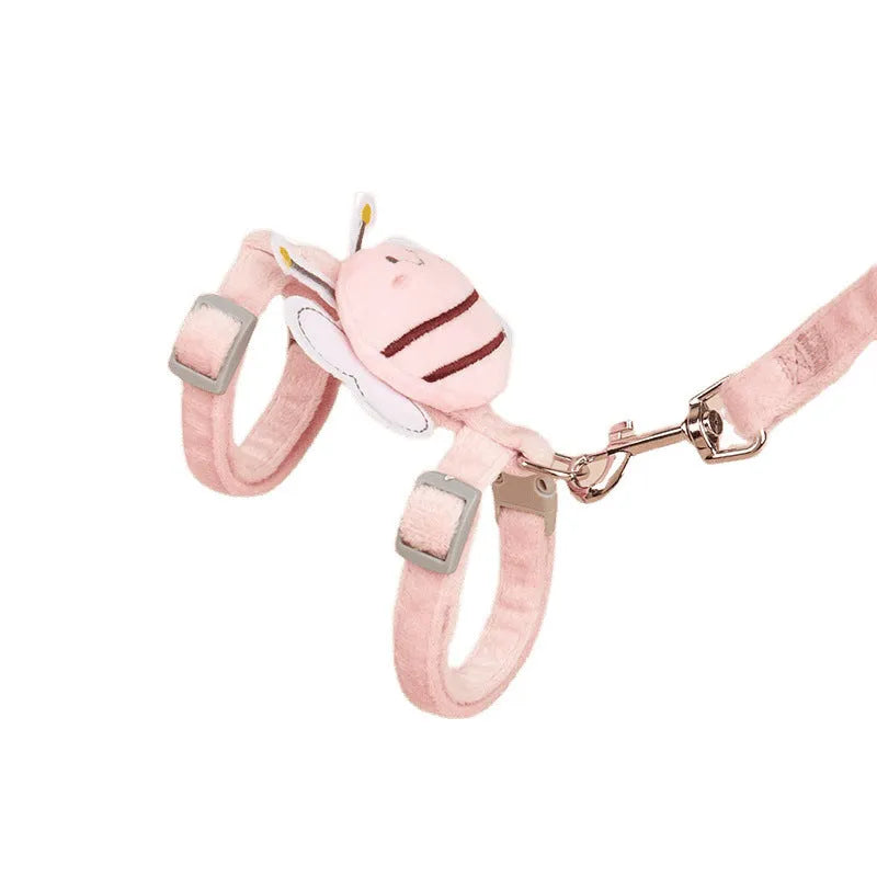 Adjustable polyester cat leash with teddy bee design in pink, blue and yellow colours