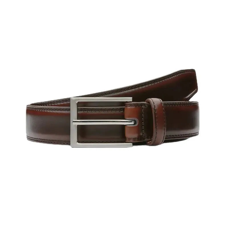 Men's brown genuine leather casual belt with Wild 95 grain texture and a silver alloy buckle.