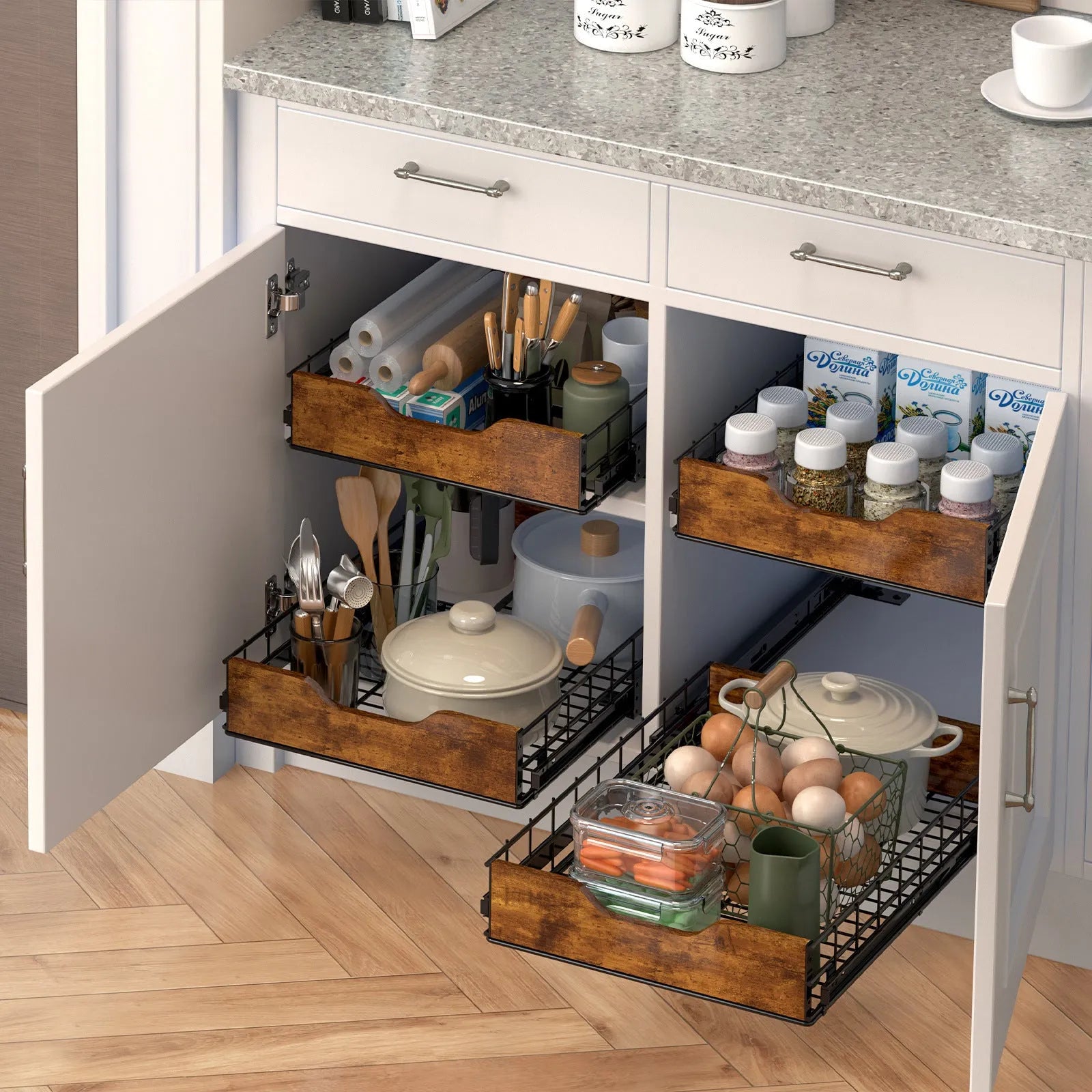 Black modern storage rack with pull basket design made from wood and iron.