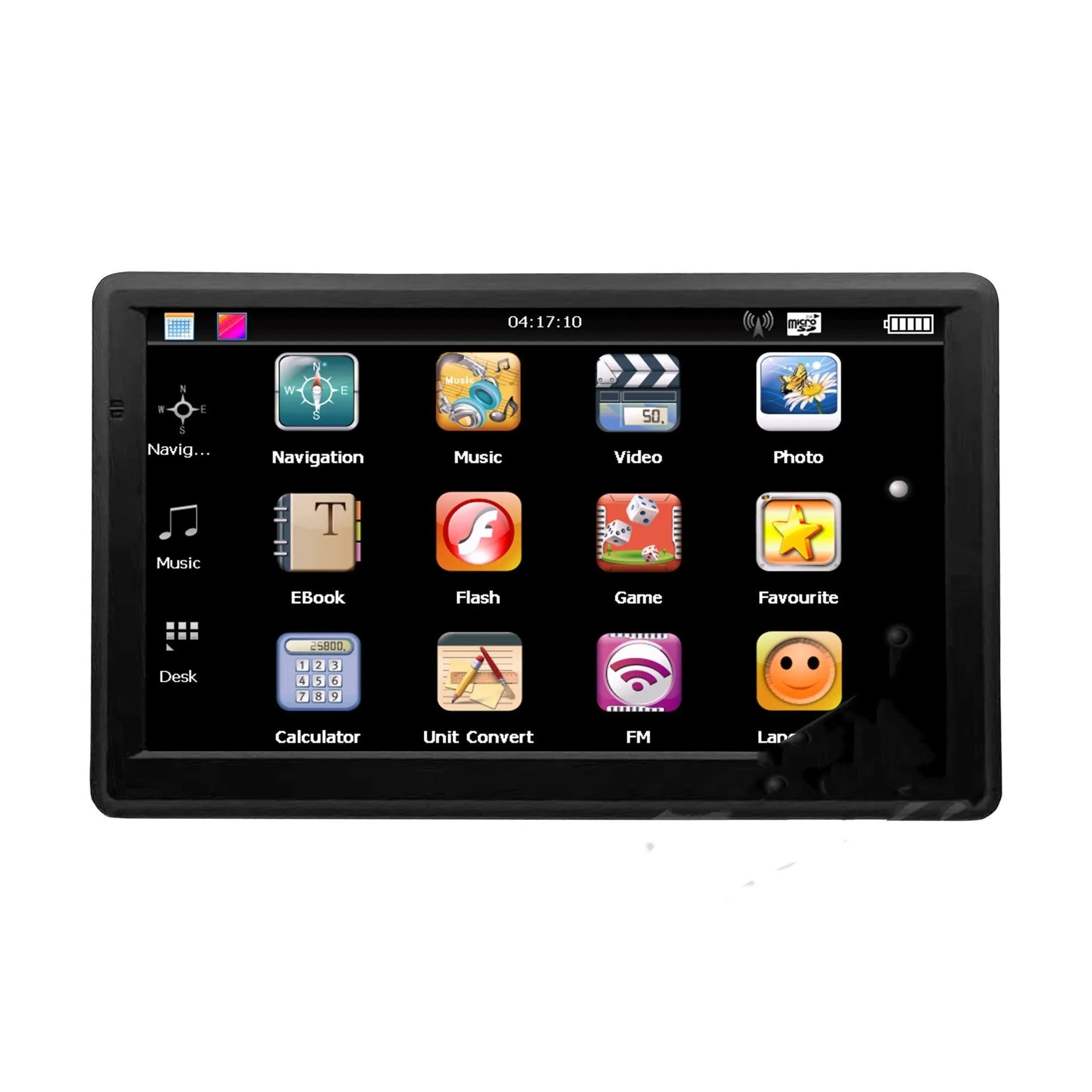 7-inch portable car GPS navigation device with touch screen showing maps, includes charger and mounting bracket