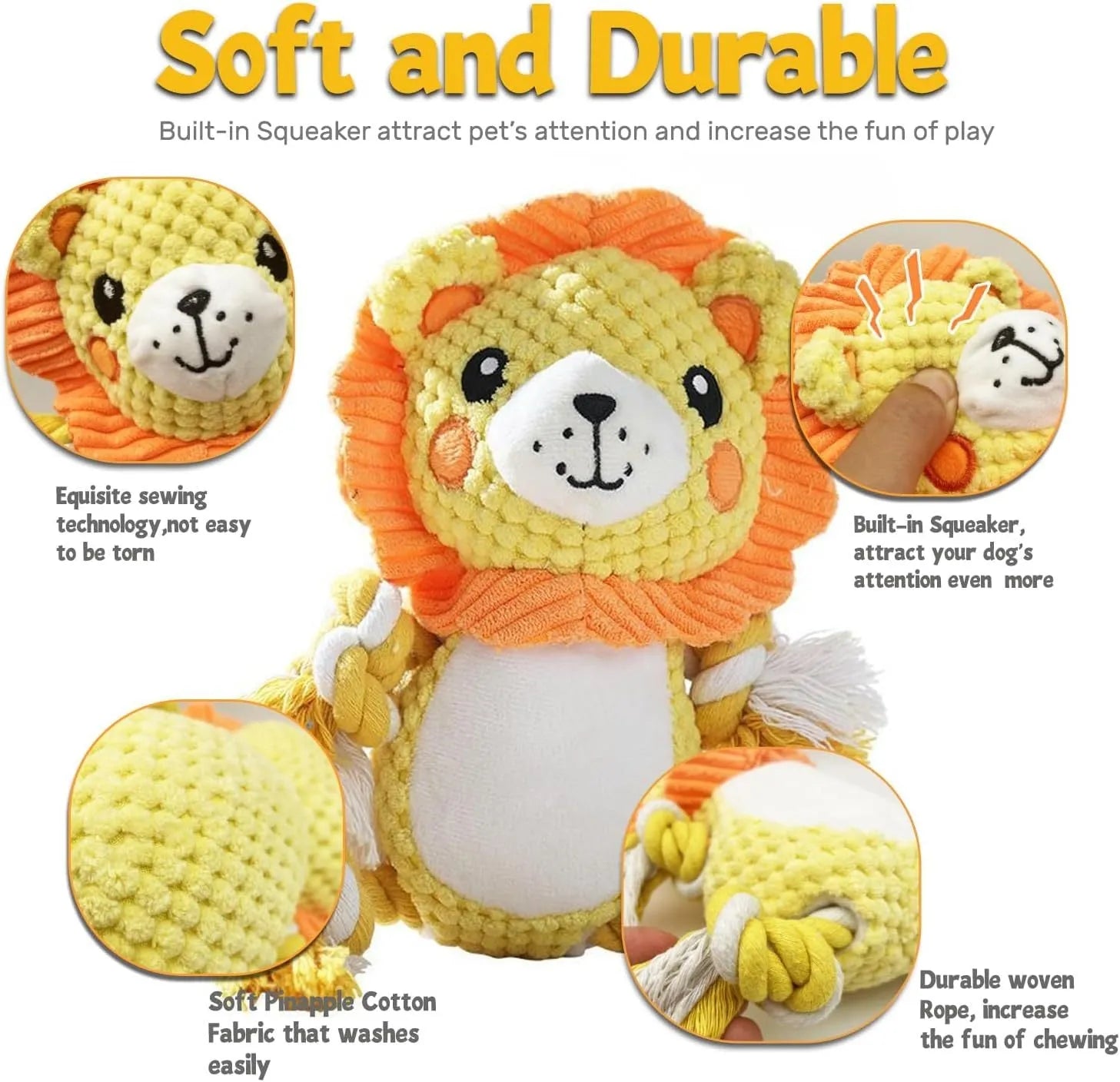 Lion and monkey plush squeaky dog toys for medium and large breeds