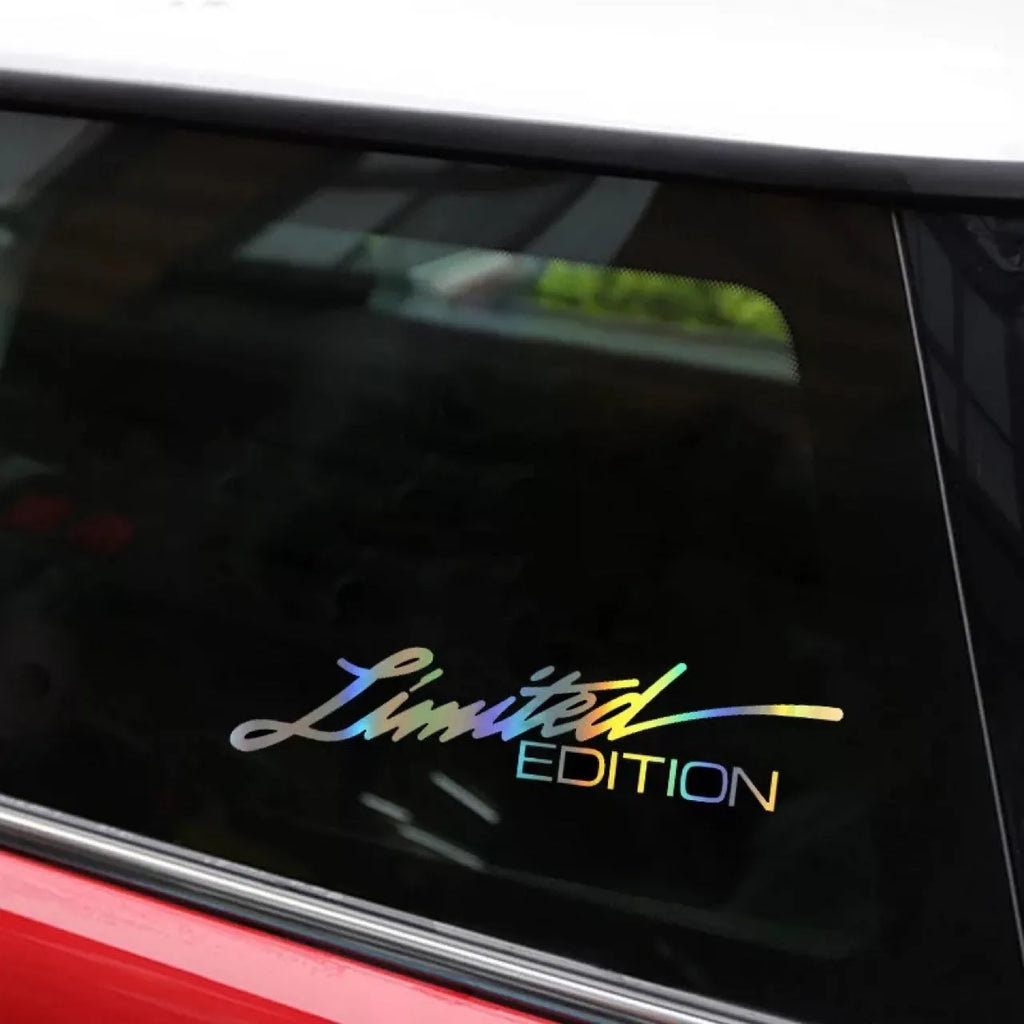 Black laser reflective car sticker with custom text design on PET film for vehicle windows or bodywork.