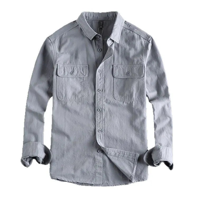 Men's loose-fitting long sleeve cardigan shirt in light grey, made from polyester fabric.