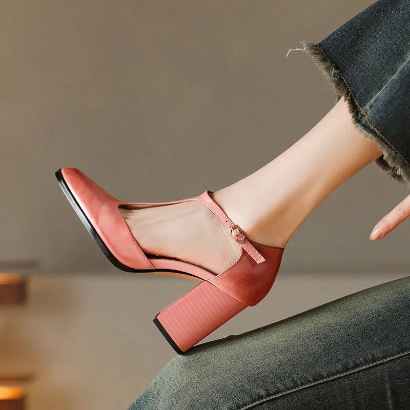 Women's retro pointed Mary Jane buckle shoes with hollow design in first layer cowhide