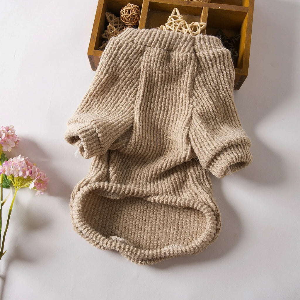 Brown knitted sweater pullover on a small dog, available in sizes XS to XL