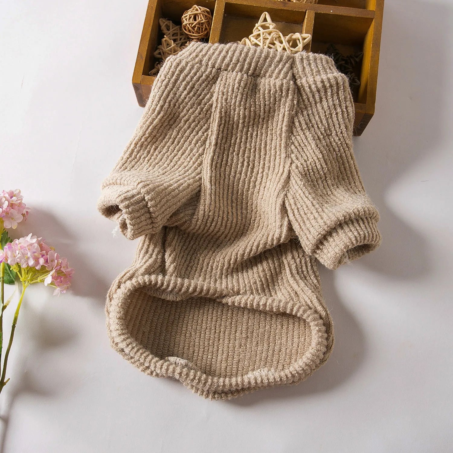 Brown knitted sweater pullover on a small dog, available in sizes XS to XL
