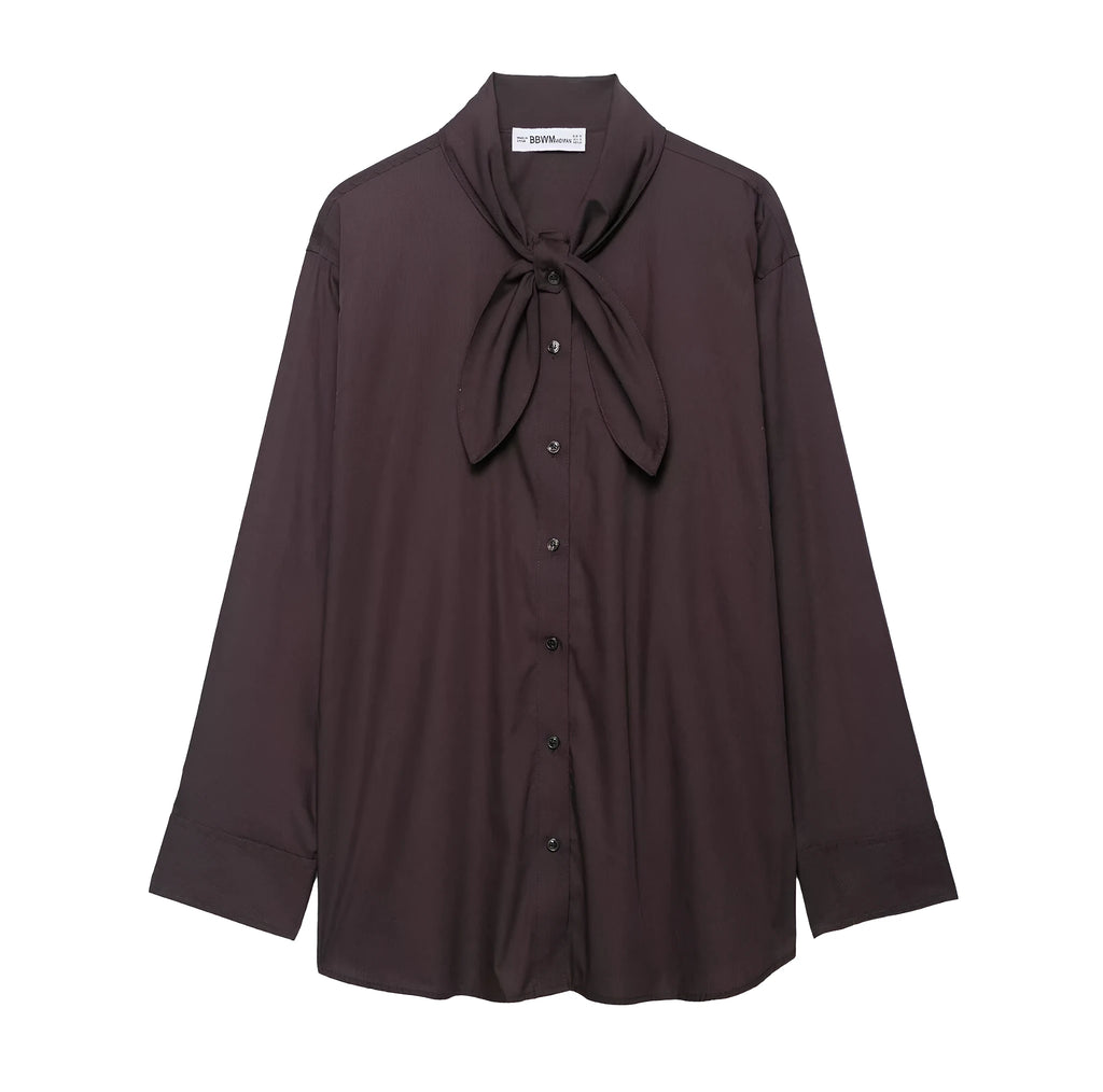 Brown women's shirt with long sleeves and bow tie collar in polyester poplin fabric