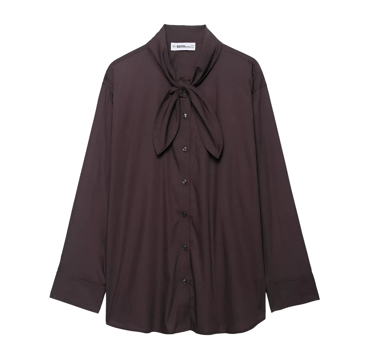 Brown women's shirt with long sleeves and bow tie collar in polyester poplin fabric