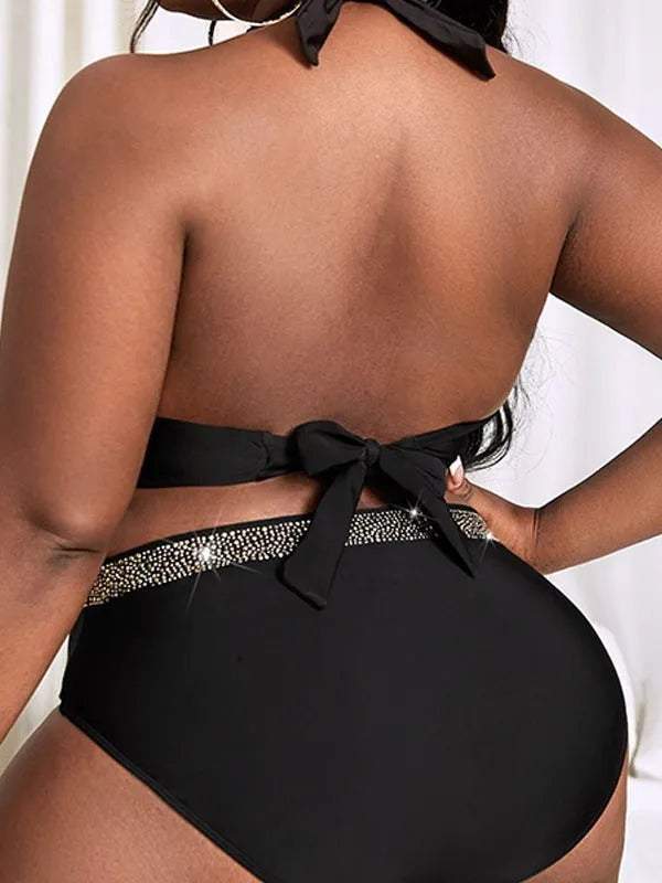 Black plus size women's swimsuit bikini with bra top and shorts for swimming