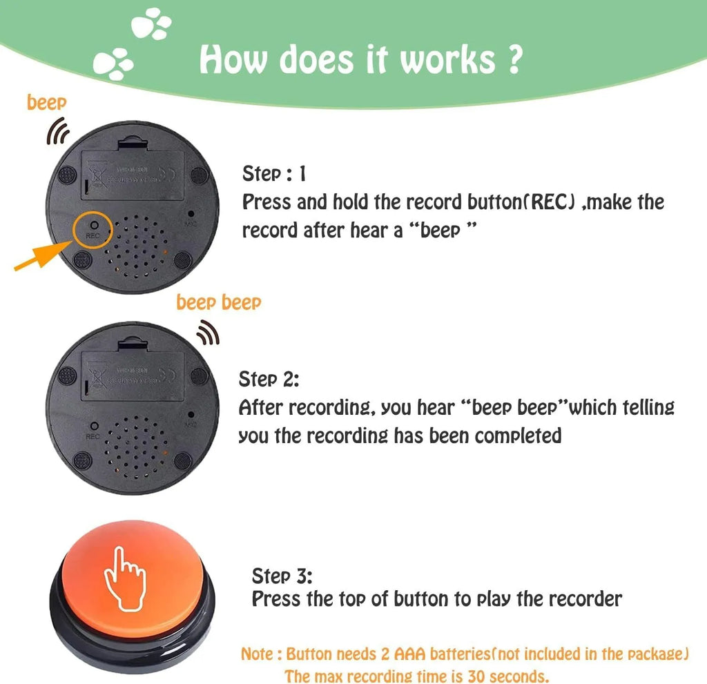 Blue voice recording button for dog training showing record and playback function