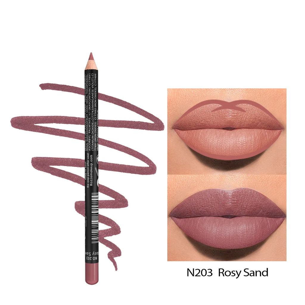 Matte finish lip liner pencil in wood-inspired shades with 24-hour wear and cup transfer resistance claims