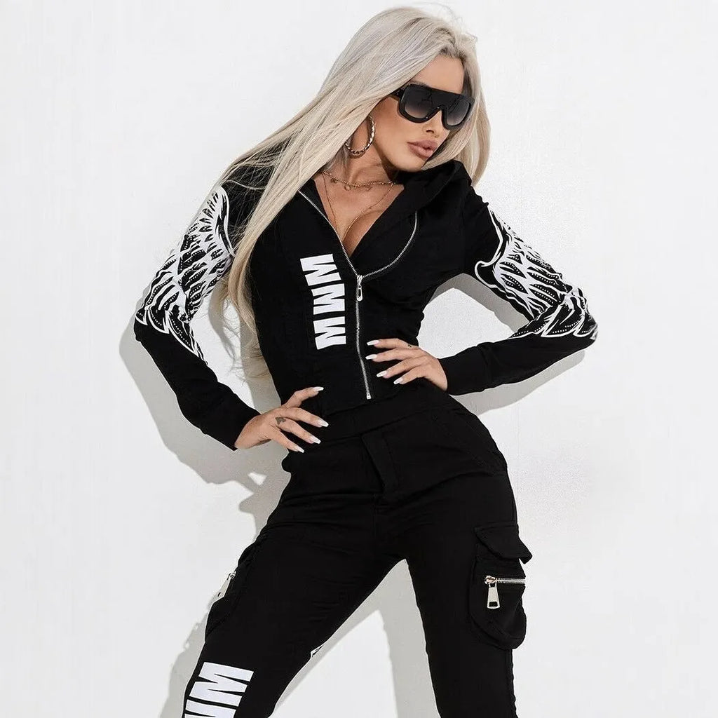 Black women's printing pattern hooded casual suit set with zipper and trousers