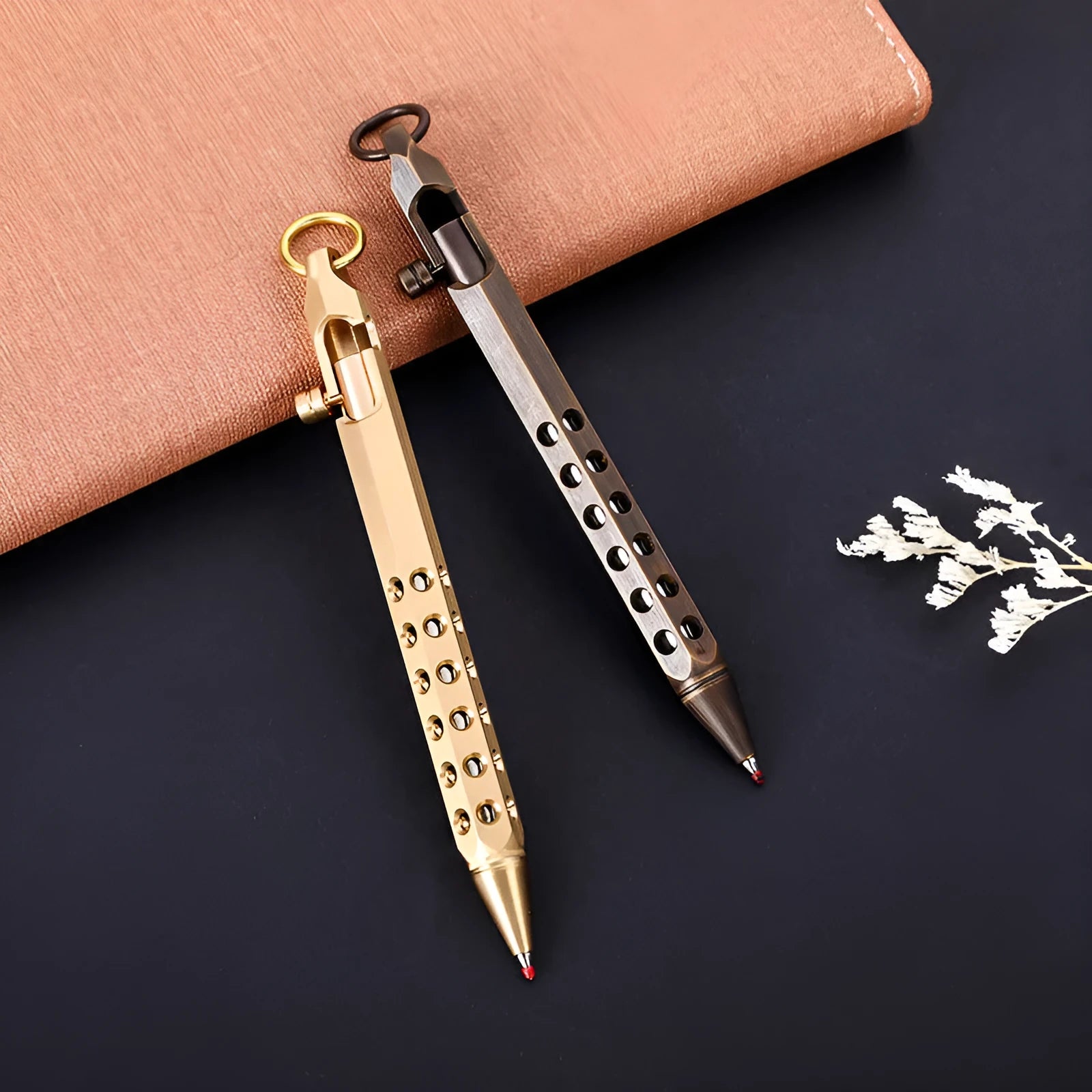 Brass hexagonal bolt roller pen showing six-angle construction with 0.5mm tip