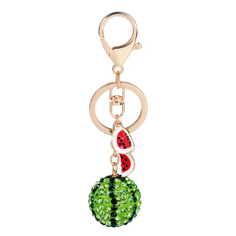 Green watermelon keychain made from zinc alloy measuring 12cm with detailed fruit design and metal clasp