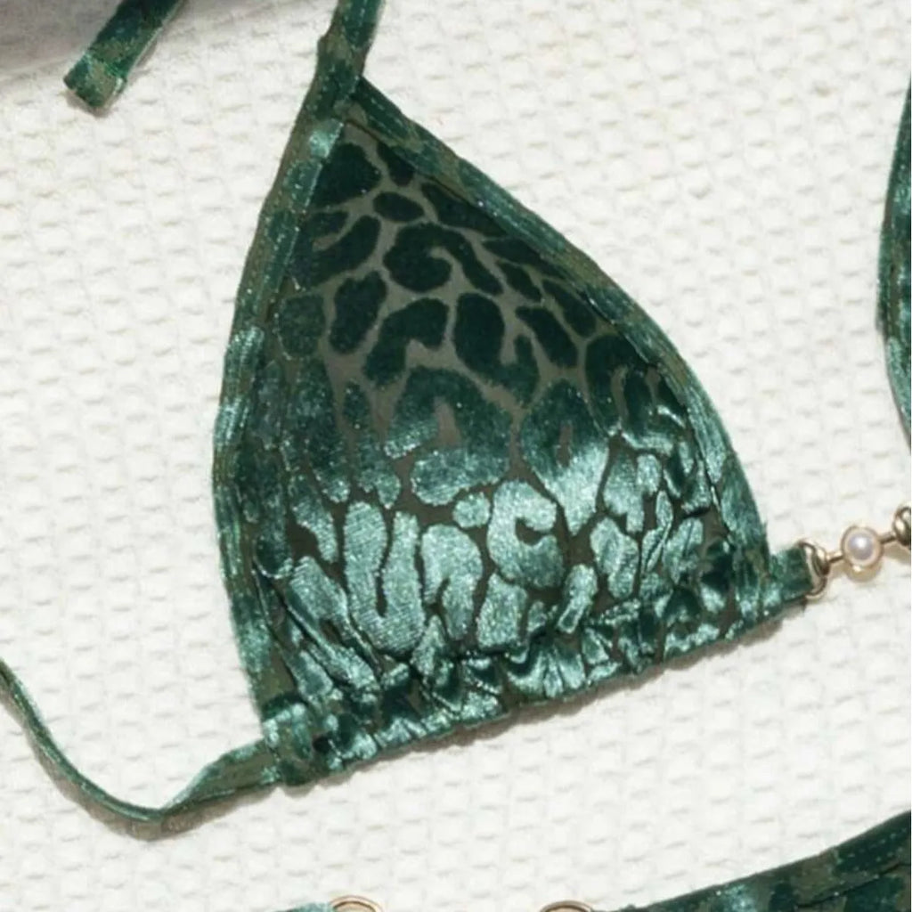 Women's leopard print bikini set in blue, green, and multicolour patterns with T-shaped design