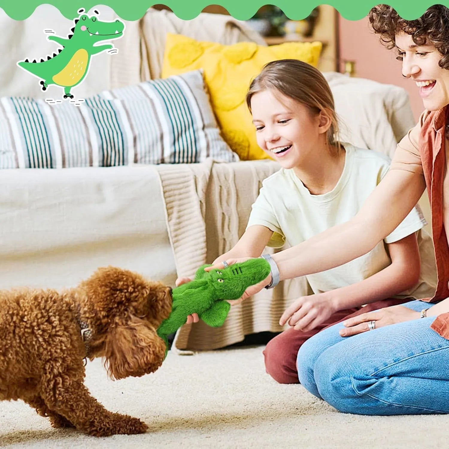 Green crocodile-shaped plush dog toy with no stuffing, featuring a squeaker and crinkle paper for interactive play.