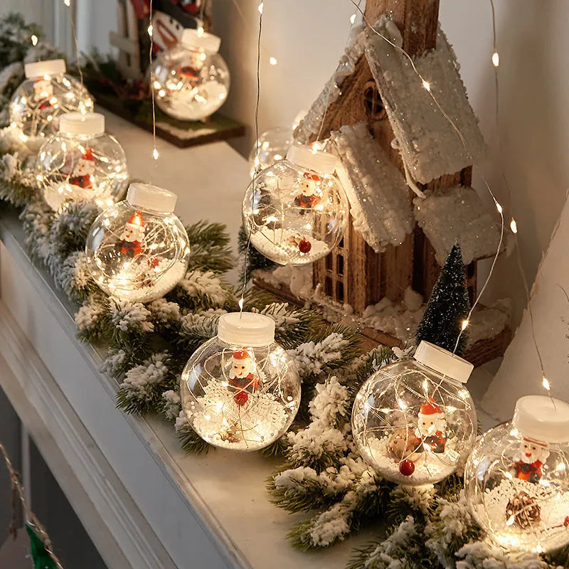 10-piece LED Christmas curtain lights with fairy ball lamps showing snowman, elder, and Christmas tree designs