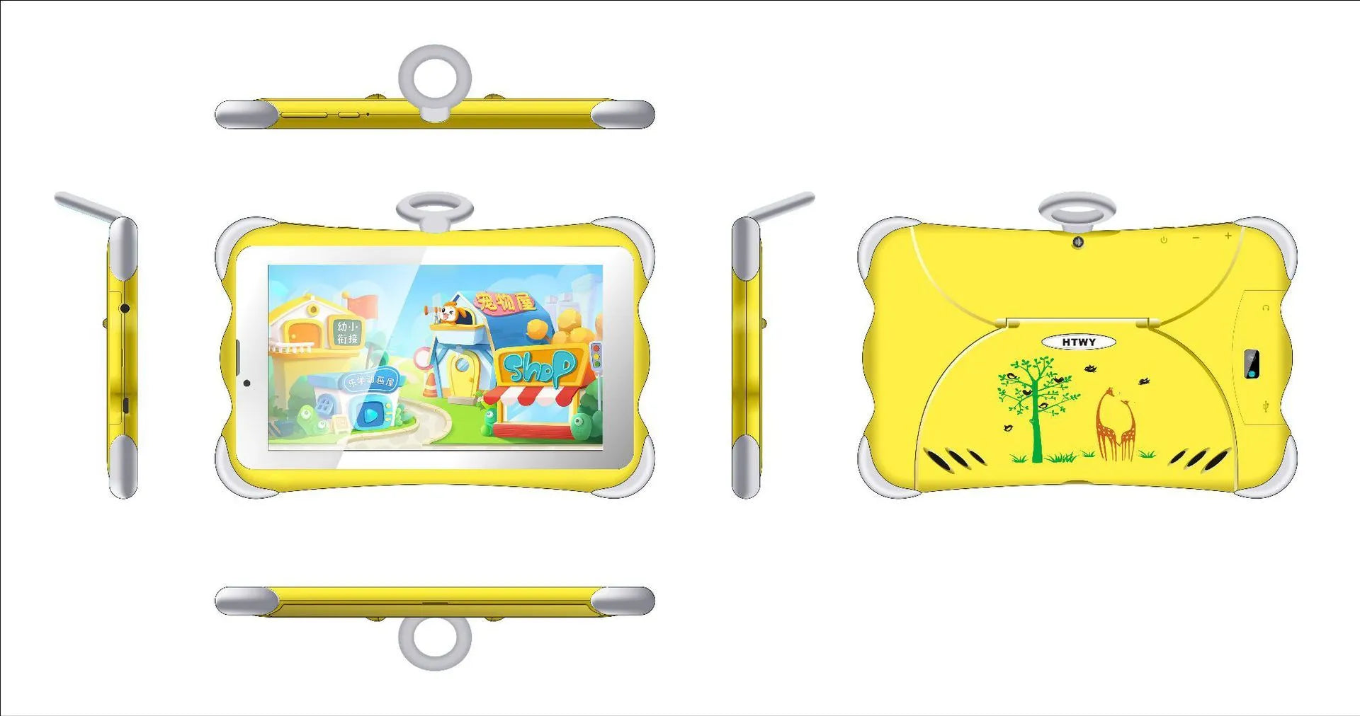 A 7-inch children's learning tablet in a cartoon colour, shown with its stand attached, on a table.