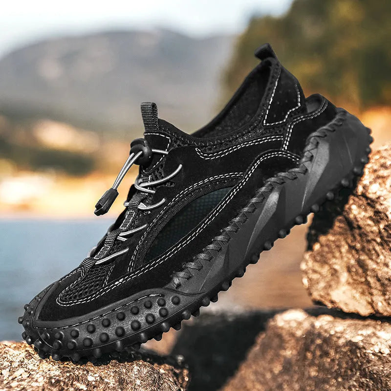 Men's waterproof outdoor sandals with leather mesh uppers, elastic band closure, and non-slip rubber soles