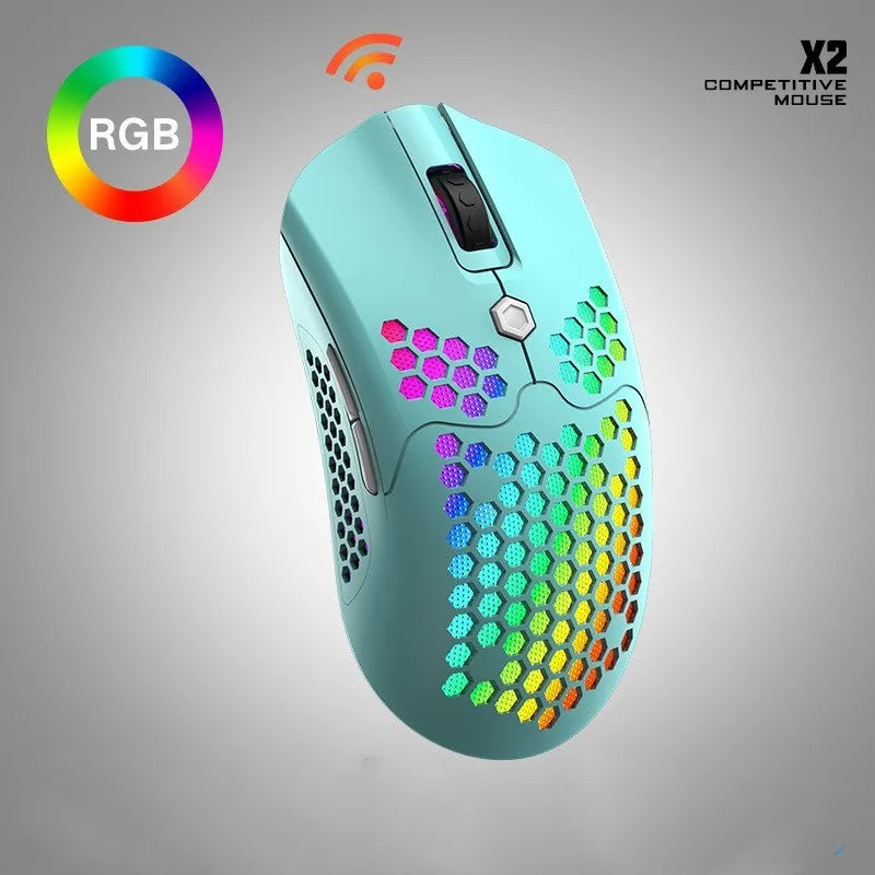 Free Wolf X2 wireless gaming mouse in black, green, pink, white, or yellow with RGB lighting.