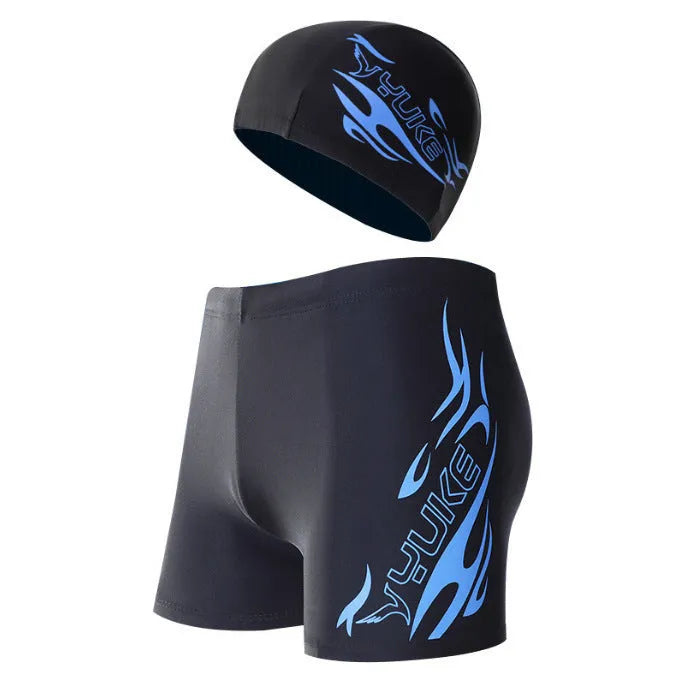 Men's plus size boxer swimming trunks with blue flame pattern on black background