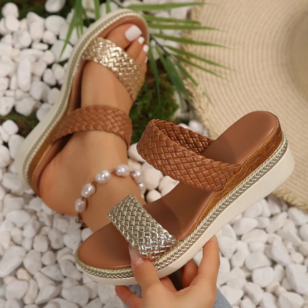 Women's metallic gold wedge sandals with a PU upper and rubber sole, shown in a larger size.