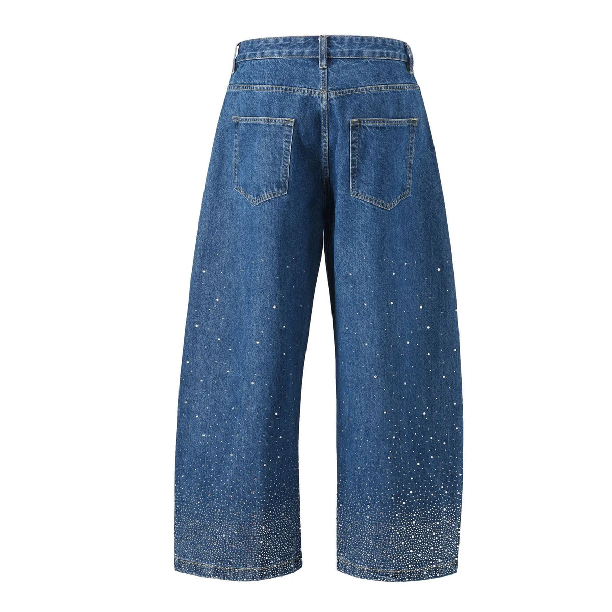 Blue loose-fitting wide-leg cotton trousers laid flat, showing the high street casual style.
