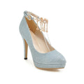 Blue women's platform stiletto high heels with a shallow mouth cut, showing the special fabric upper.