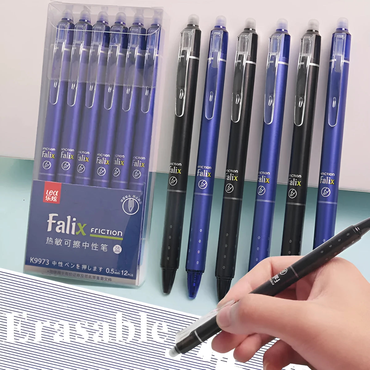 Hot Erasable Push Gel Pen with 0.5mm nib, shown in plastic shell with push-button top.