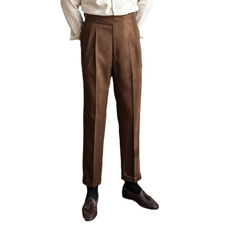 Men's high waist straight leg casual trousers in polyester fabric, shown in black colour.