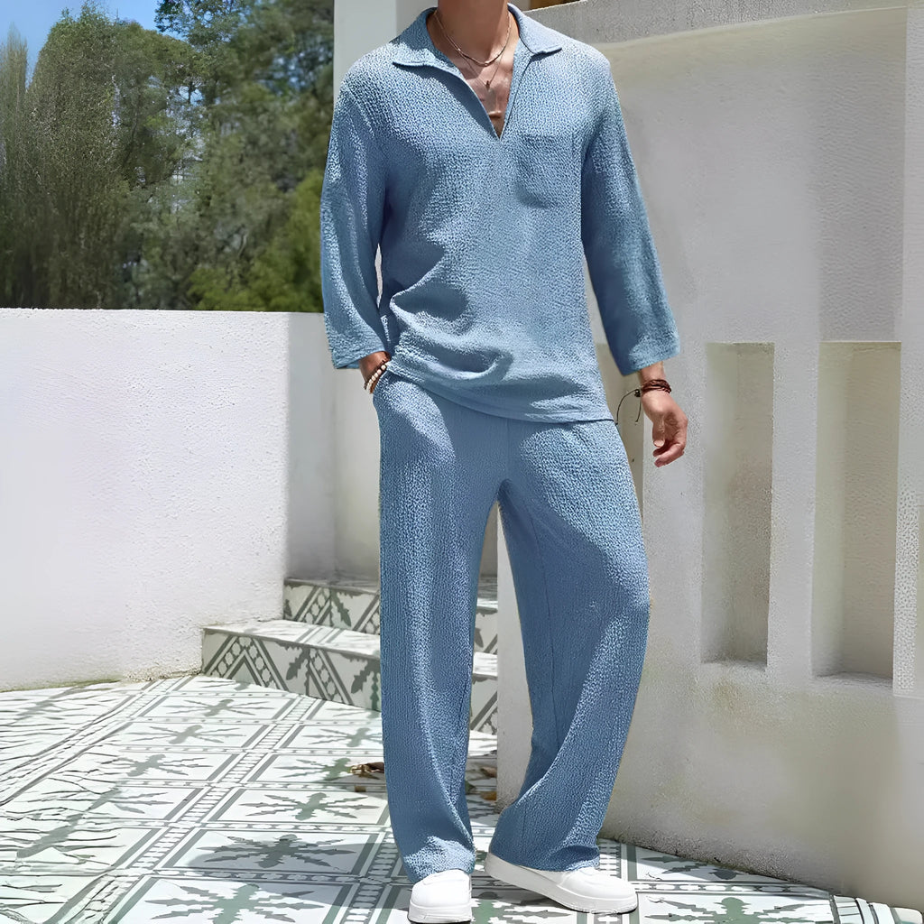 Men's casual polyester shirt trousers set in four colour options with young casual styling