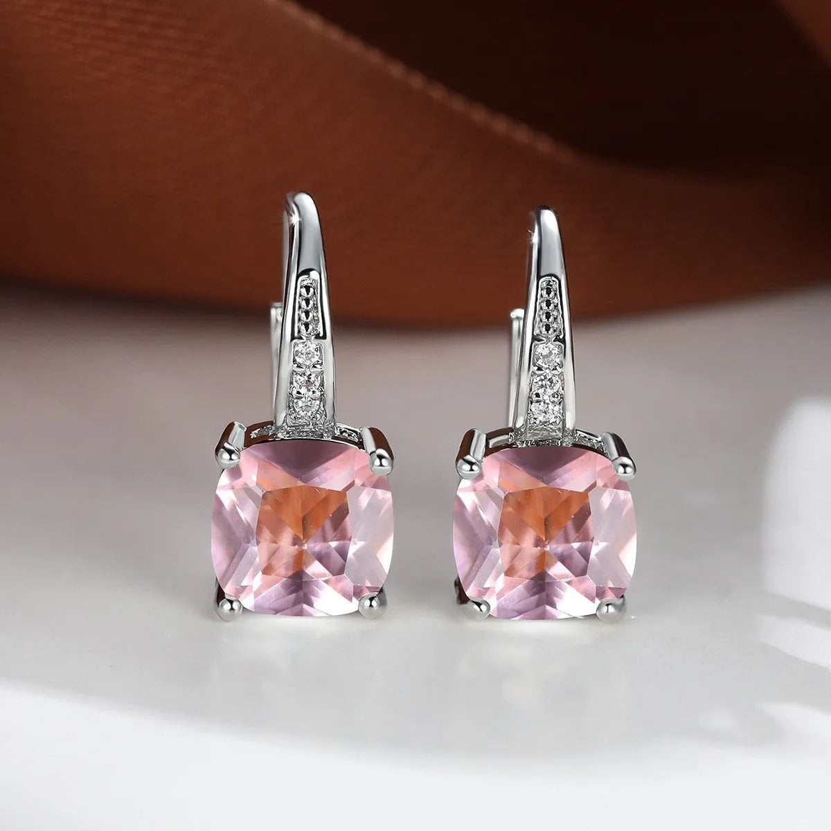 Geometric square zircon earrings with Korean style ear hook design in electroplated copper