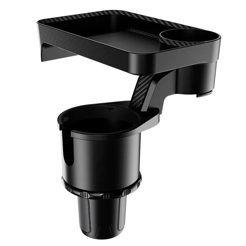 Black ABS plastic car cup holder with 360-degree rotating dinner plate on vehicle dashboard