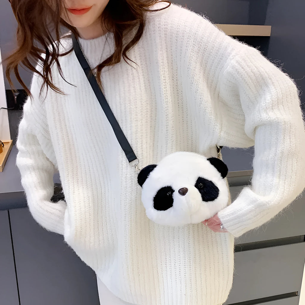 Plush cylindrical crossbody bag with panda head design measuring 18cm by 15cm by 8cm