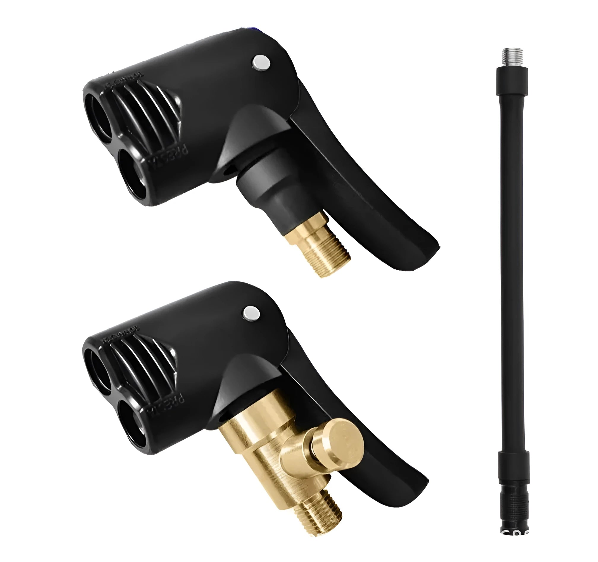 Portable car tyre inflator with USB charging port and two black nozzle connectors.