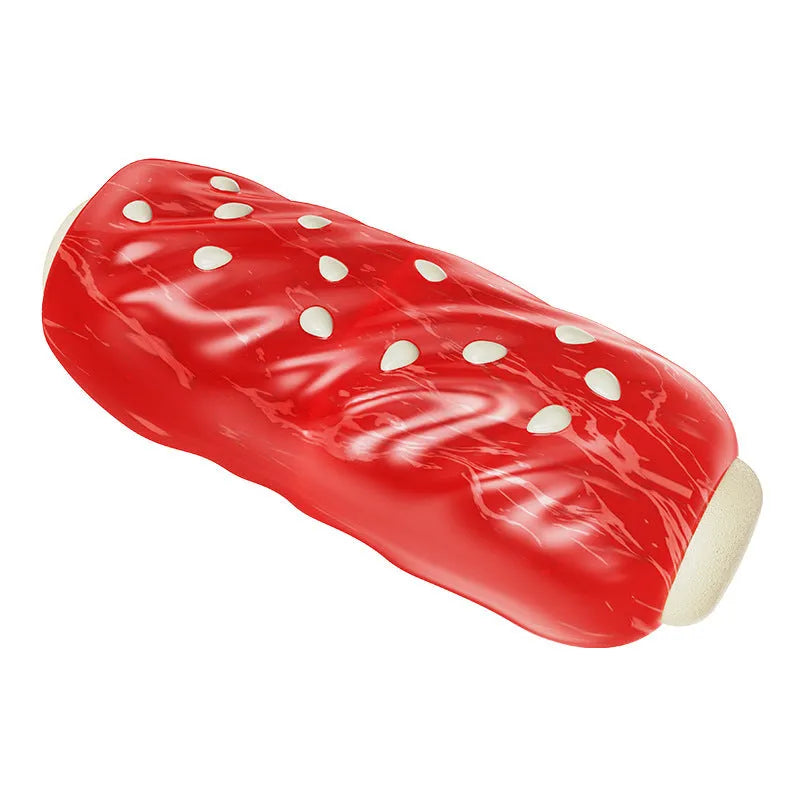 Primary colour plastic dog chew toy shaped like molar rod with bristle-textured surface