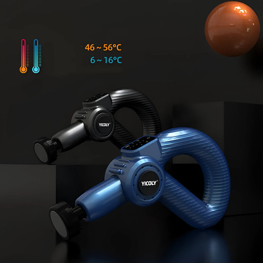 Black smart muscle massage gun with adjustable angle and multiple massage head attachments
