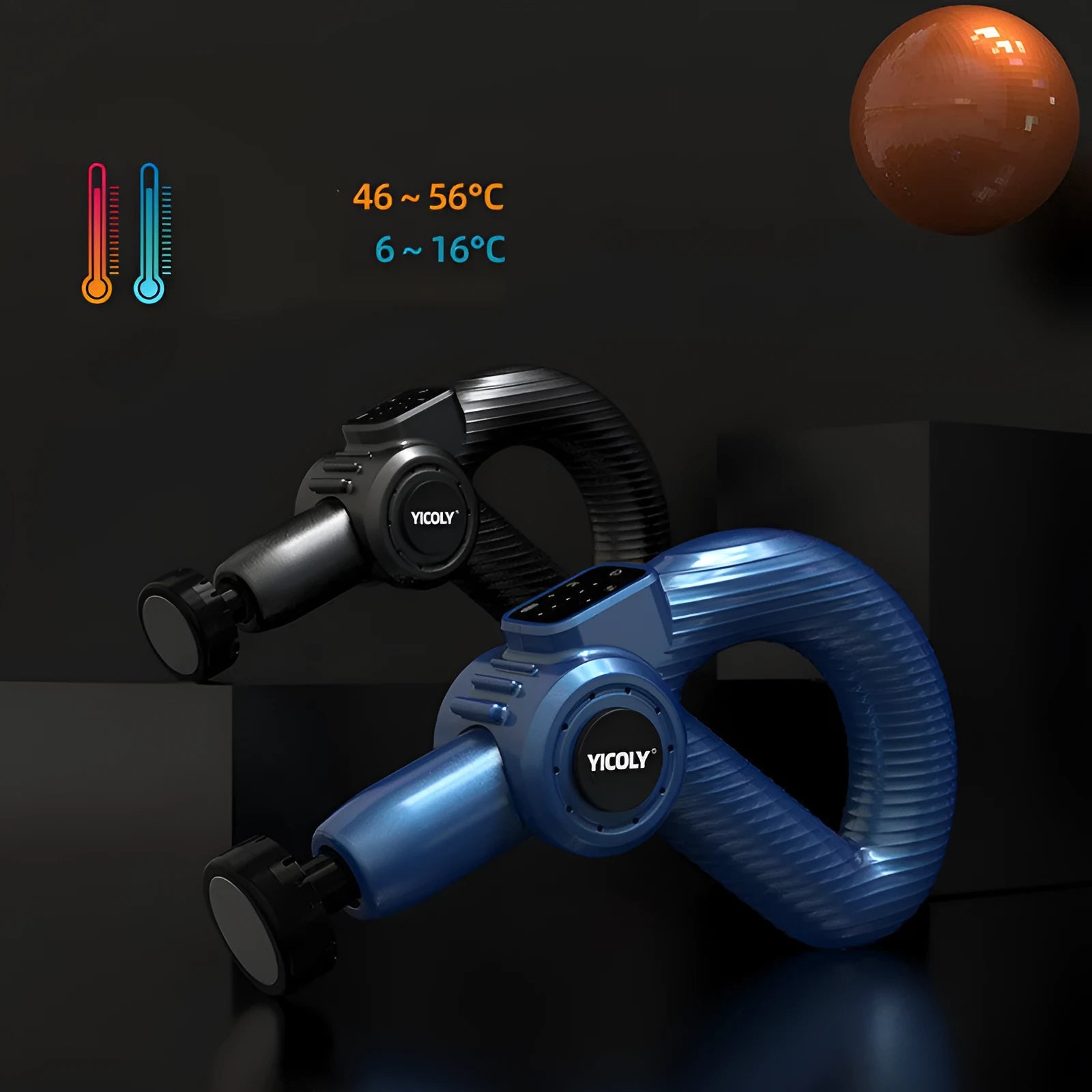 Black smart muscle massage gun with adjustable angle and multiple massage head attachments