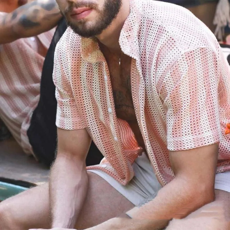 Pink men's casual shirt with waffle texture fabric and short sleeves in loose cardigan style