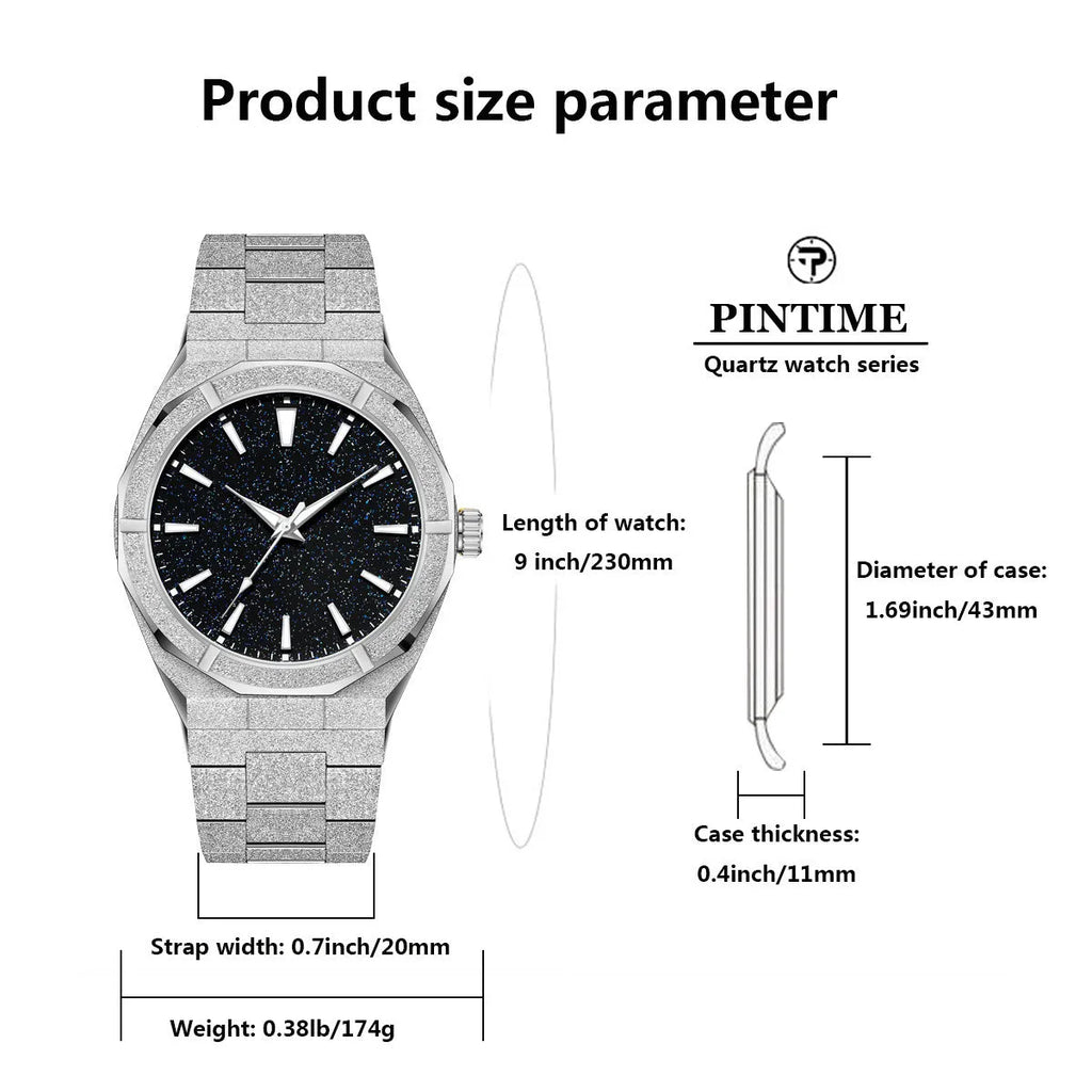 Men's business watch with luminous markers on frosted stainless steel case