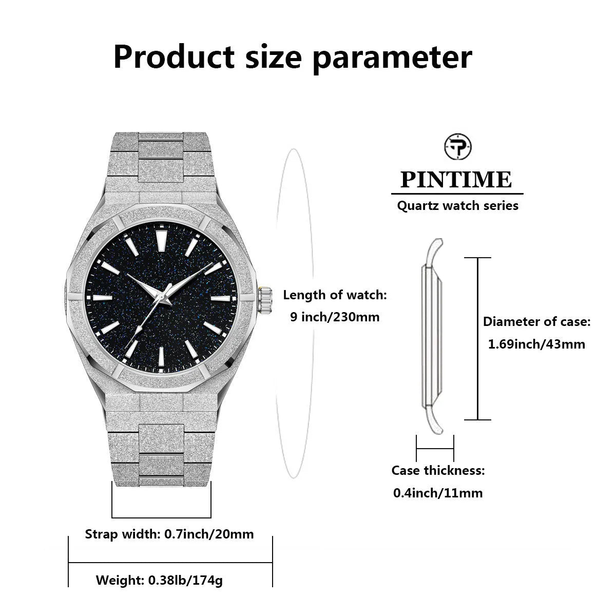Men's business watch with luminous markers on frosted stainless steel case