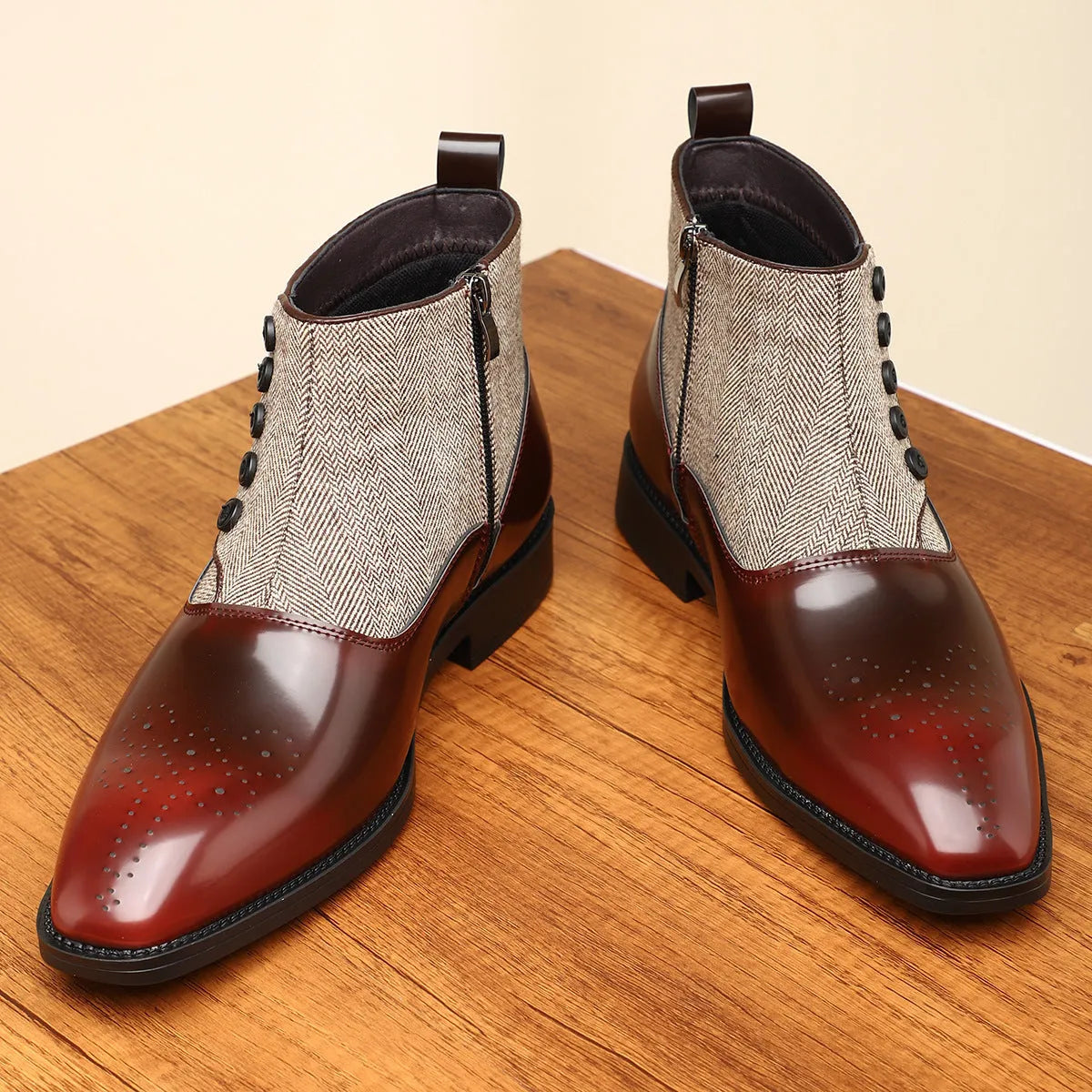 Men's brown retro business formal shoes with side zipper and square toe