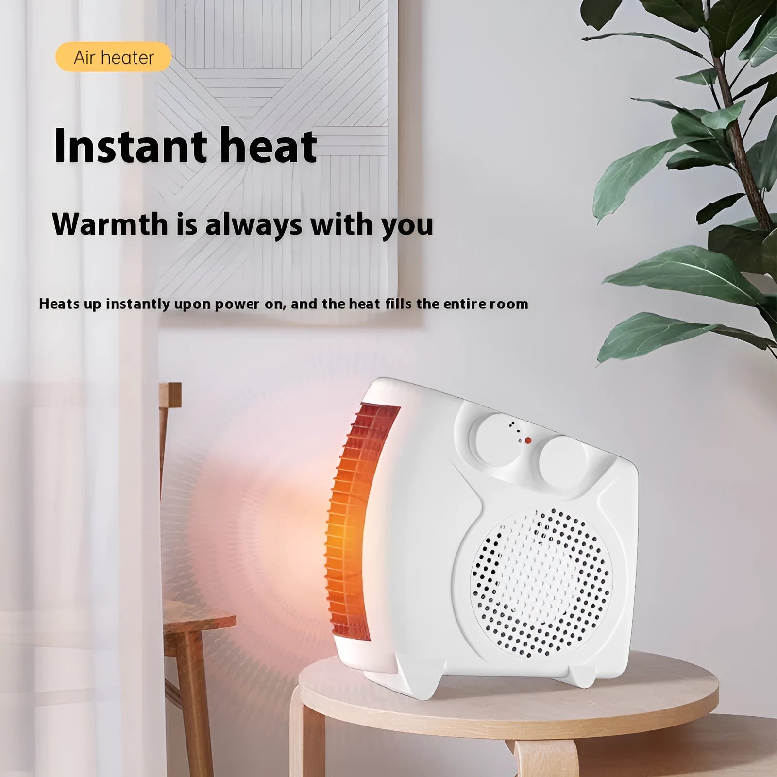White compact electric heater for desktop use with power and fan controls.