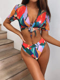 Red printed split swimsuit for women with nylon construction in briefs and triangle bikini styles