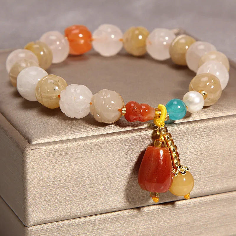 Yellow agate crystal bracelet with gold silk thread in khaki colour, Japanese Korean style women's jewellery